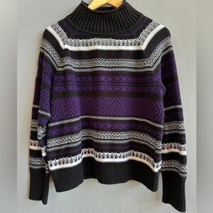 Chaps | Black Striped Purple & White Mock Neck Pullover Sweater